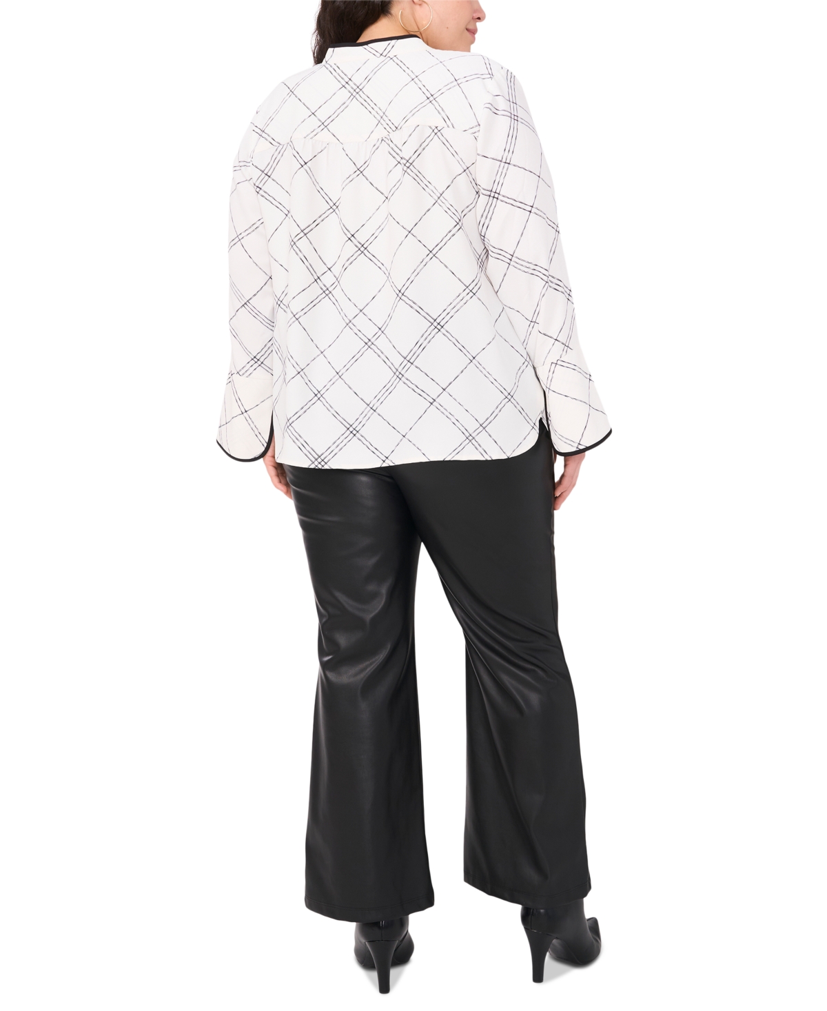 VINCE CAMUTO PLUS SIZE WINDOWPANE-PRINT BELL-SLEEVE TOP 