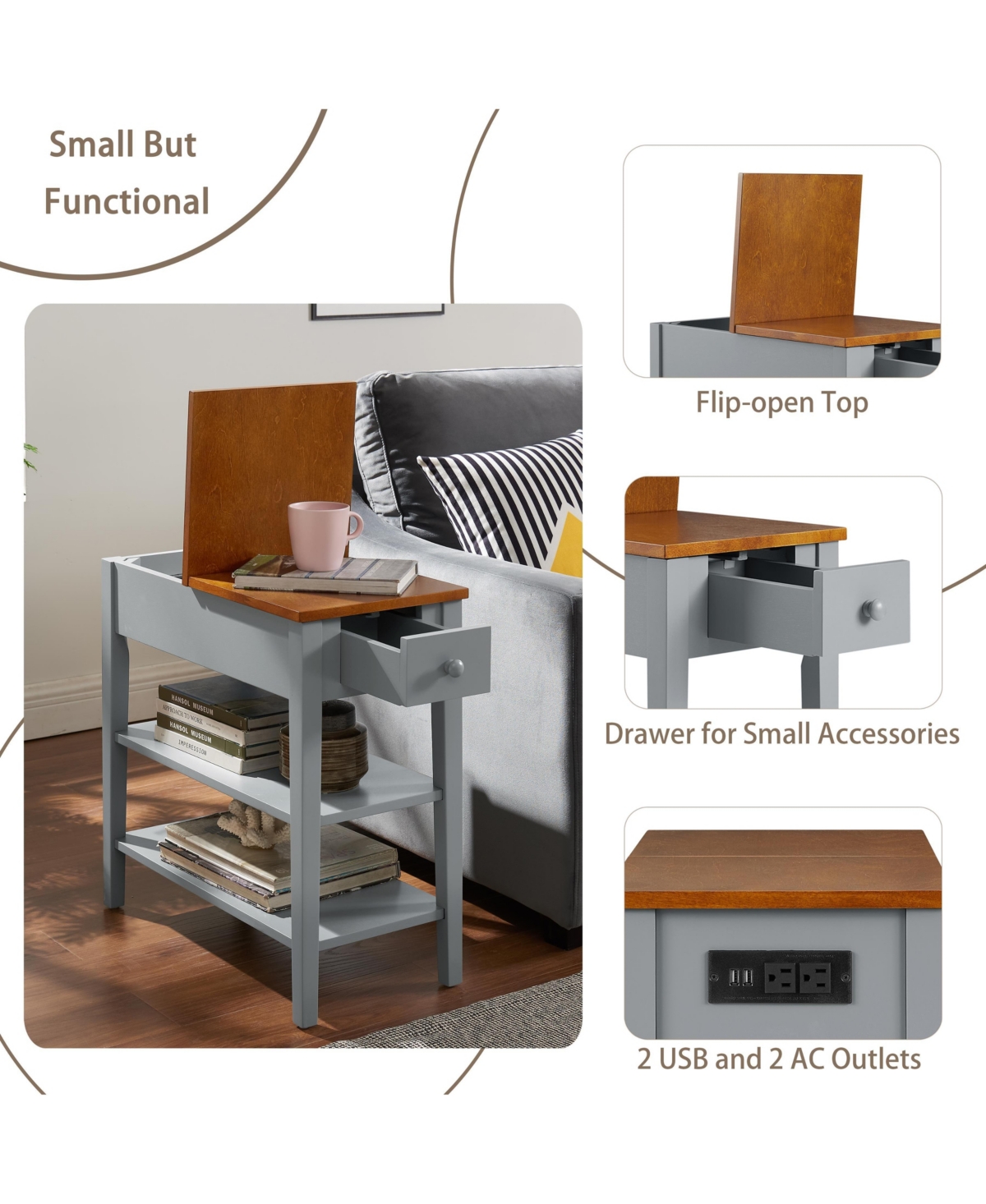 Slickblue Narrow 2-Tone End Table with Usb Ports and Solid Wood Legs for Small Spaces