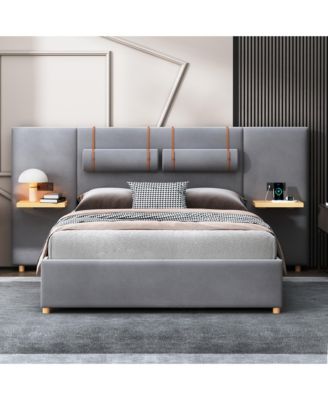 Queen Upholstered Platform Bed with Dual Outlets and USB Charging Ports on Each Side