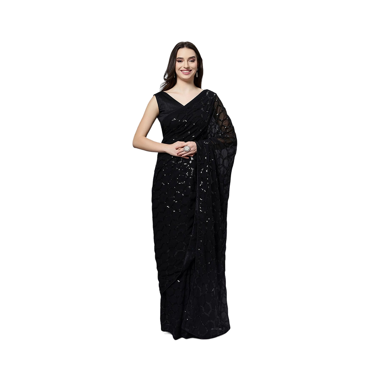 Women's Anna Black Faux Georgette Sequins Ready to Wear Sari - Black