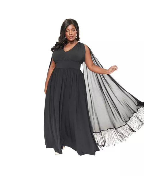plus size 1970s fringe cape maxi dress