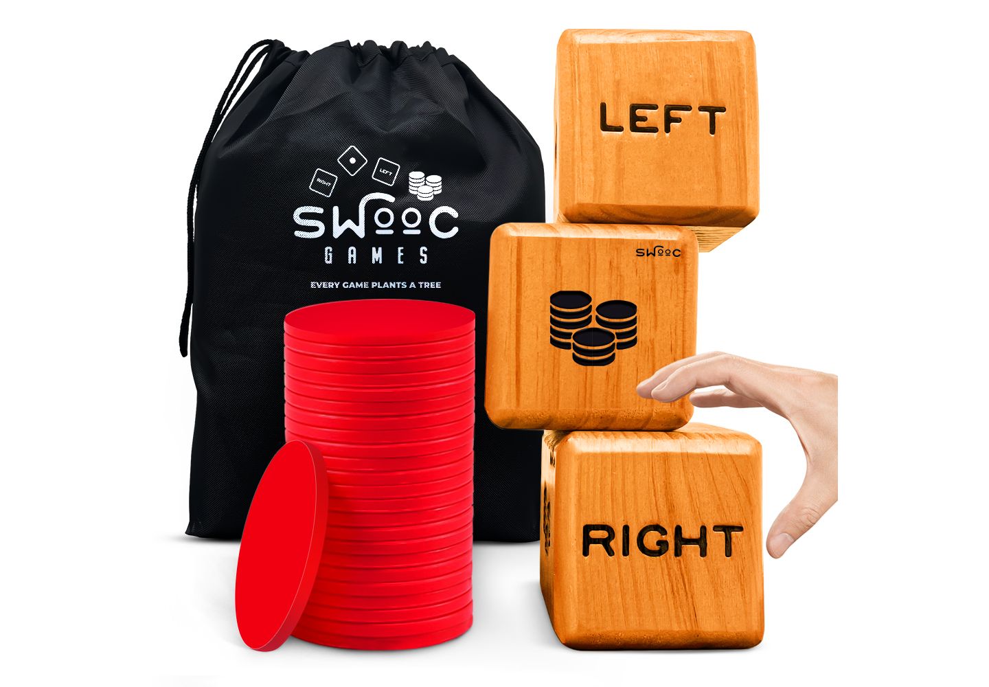 Детские игрушки SWOOC Giant Right Center Left Dice Game (All Weather) w/ 24 Large Chips & Carry Bag - Jumbo Wooden Lawn Game - Backyard Games — фото 1