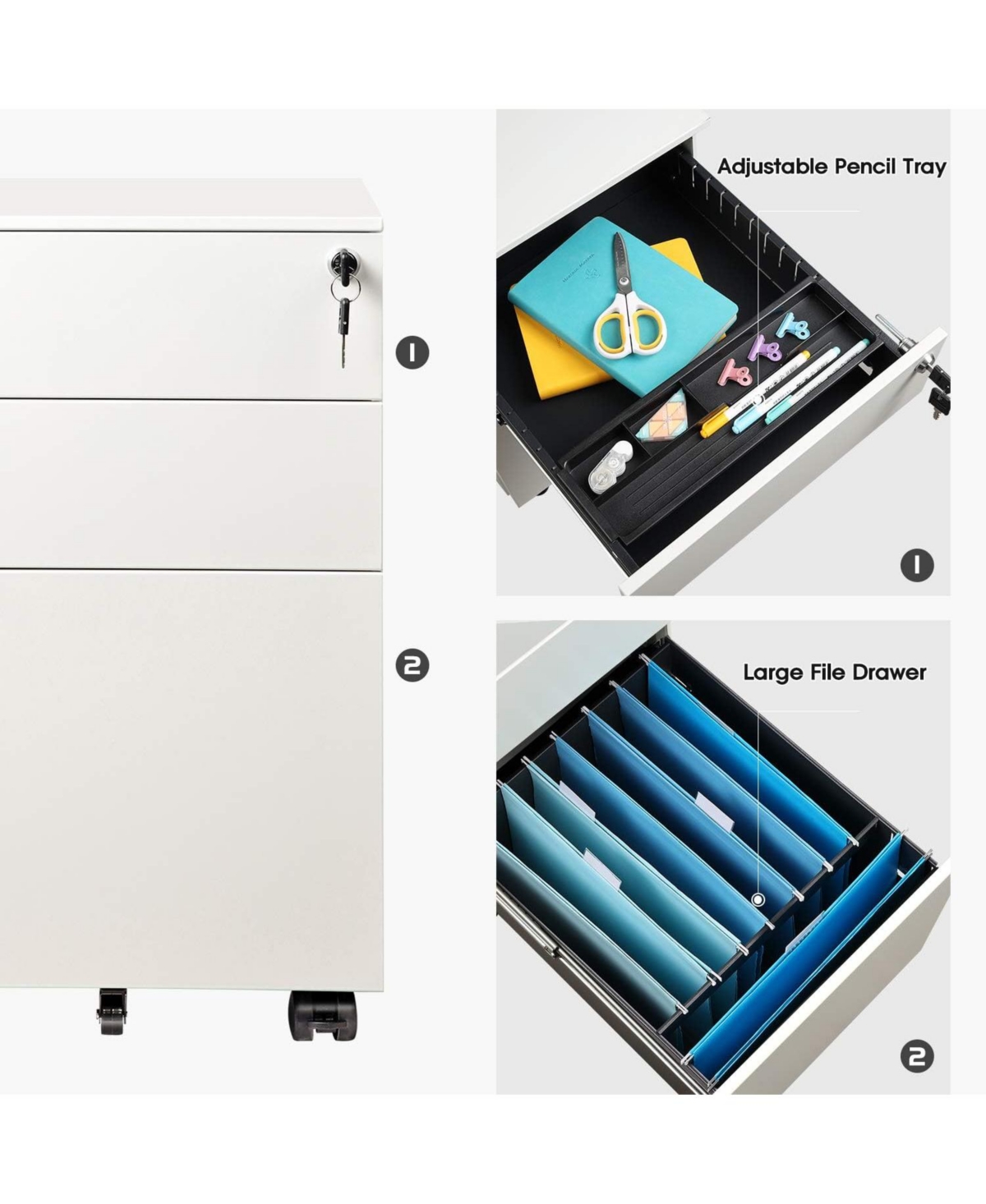 Devaise Locking File Cabinet, 3 Drawer Rolling Pedestal Under Desk Office, Fully Assembled Except Casters,- White