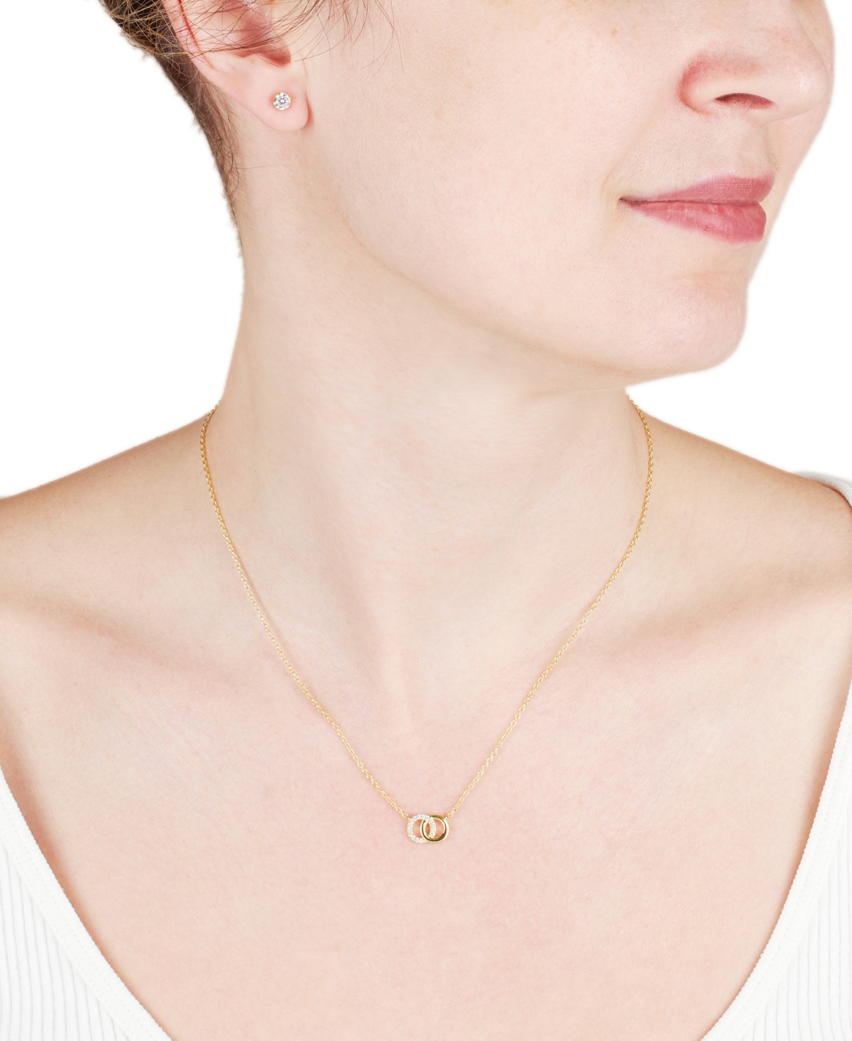 Macy's 2-pc. Set Cubic Zirconia Interlocking Rings Pendant Necklace & Solitaire Stud Earrings In Sterling S In Gold