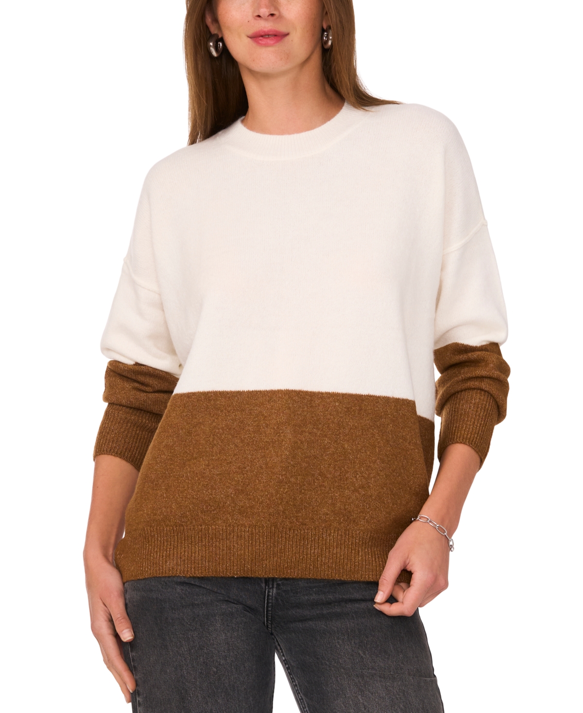 Sam & Jess Women's Colorblocked Crewneck Long-Sleeve Sweater -TOASTED