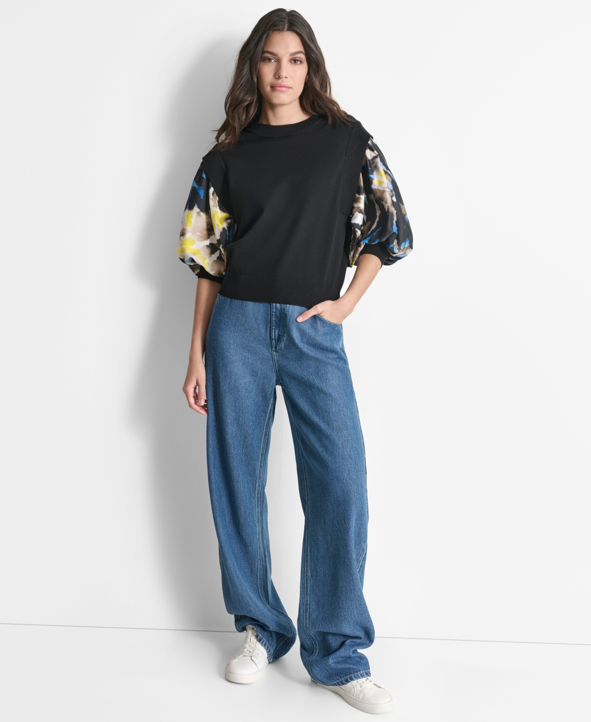 Dkny Women's Contrast Balloon-Sleeve Knit Top -abstract Tiger