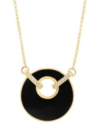 EFFY Collection - Onyx (19mm) & Diamond (1/20 ct. t.w.) Pendant Necklace in 14k Yellow Gold, 16" + 2" extender