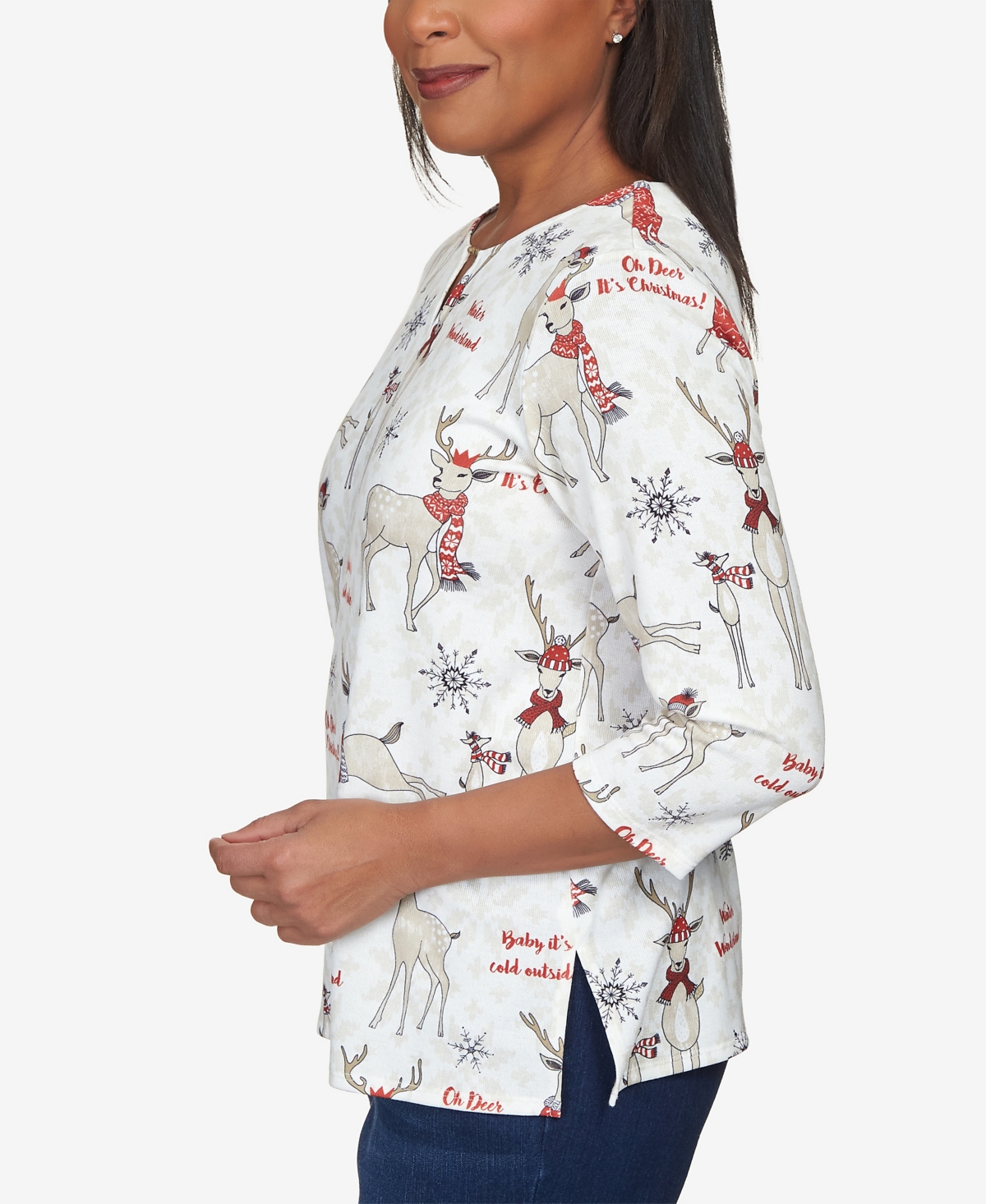 Alfred Dunner Women's Classics Oh Deer Split Neck Top In Neutral Multi