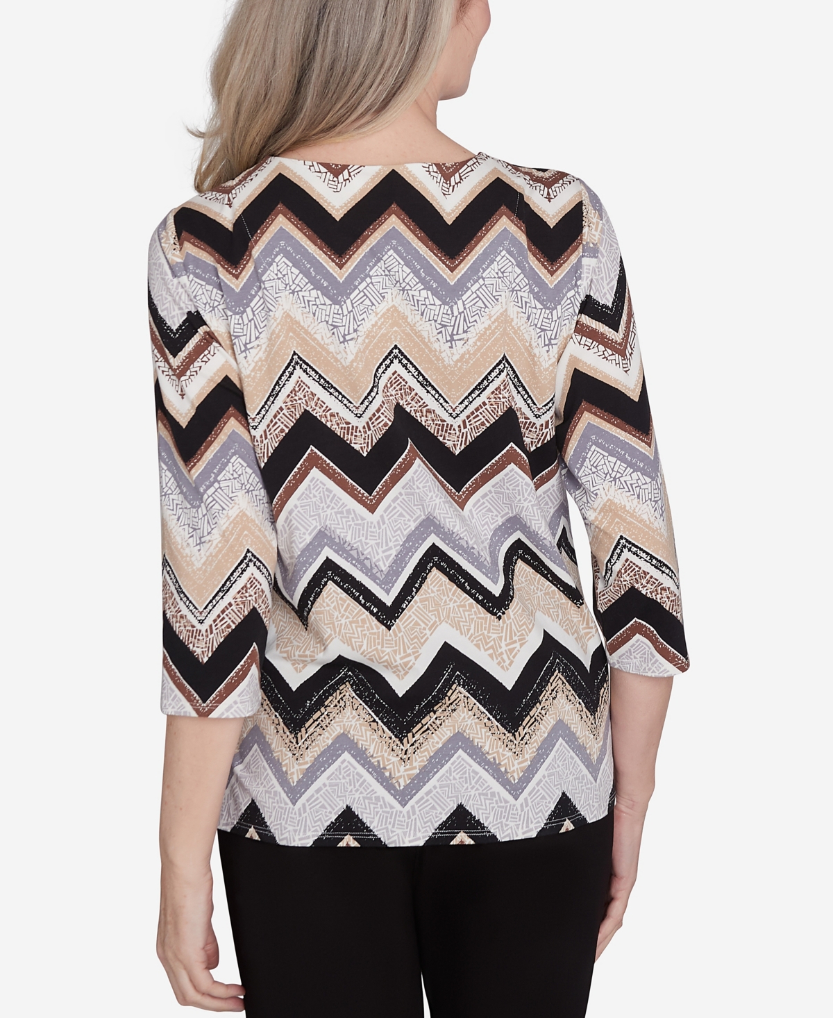 Alfred Dunner Petite Key Items Zig Zag Split Neck Top In Black,tan