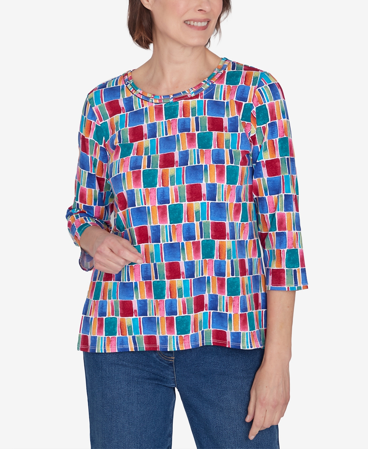 Alfred Dunner Petite Key Items Box Print Short Sleeve Top In Multi
