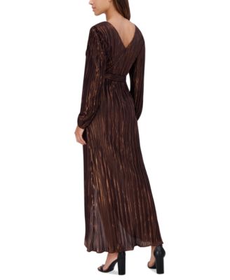 Women's Metallic Pleated Faux-Wrap Maxi Dress