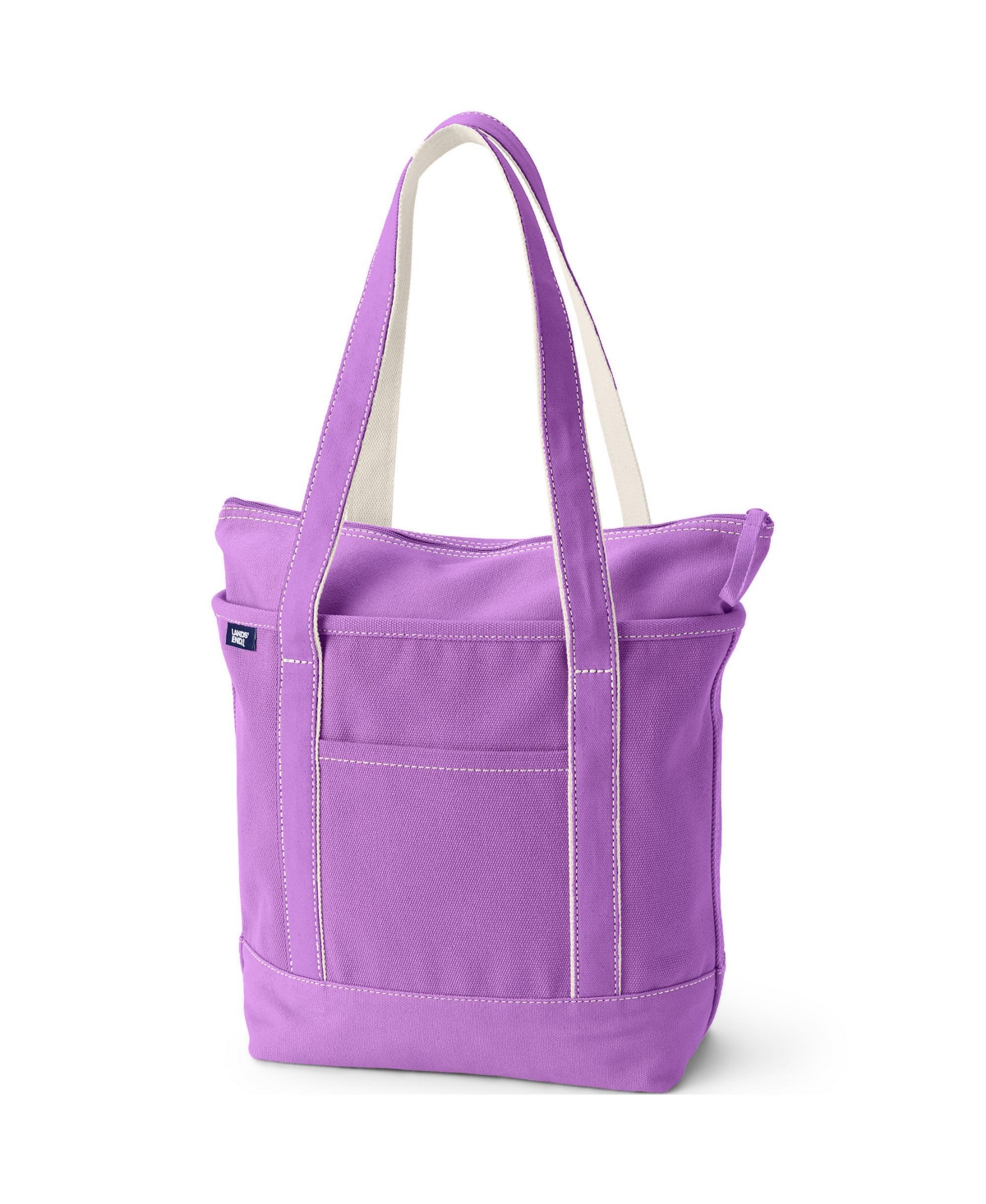Lands' End Medium Solid Color 5 Pocket Zip Top Long Handle Canvas Tote Bag
