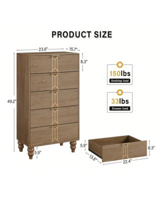 Garvee 5 Drawer Dresser With Deep Drawers For Bedroom, Modern Wooden Chest Dresser With Deep Drawers With Vintage Pattern Design