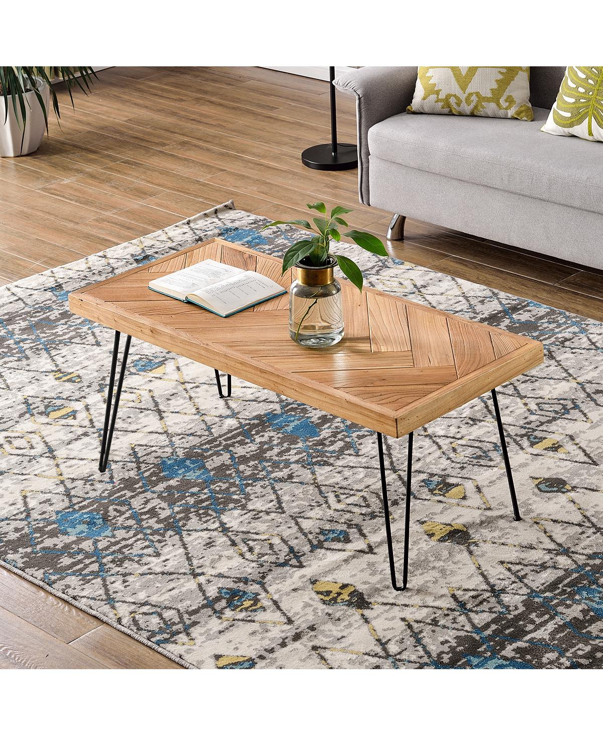 Slickblue Modern Coffee Table with Chevron Pattern - Easy Assembly Tea and Cocktail Table with Metal Hairpin Legs, Ash Wood Finish for Living Room - N