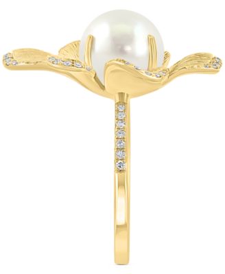 EFFY&reg; Cultured Freshwater Pearl (9-1/2mm) & Diamond (1/6 ct. t.w.) Flower Statement Ring in 14k Yellow Gold