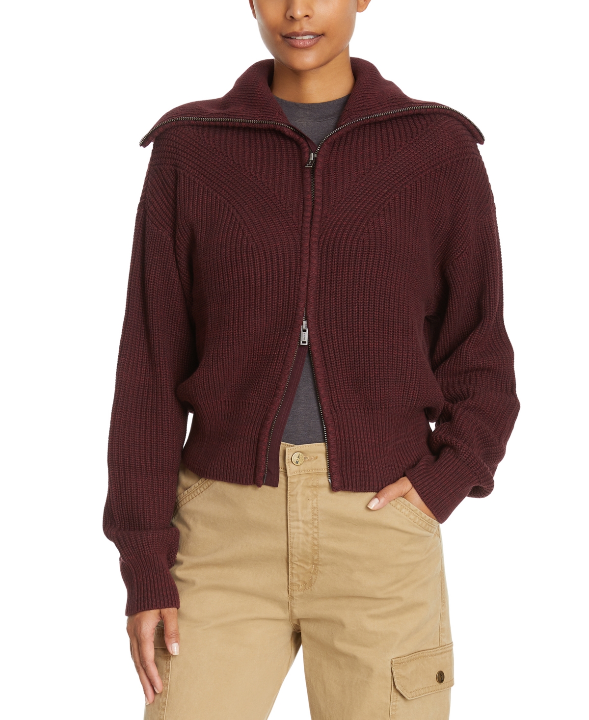 Women's Funnel-Neck Zippered Sweater - Cabernet