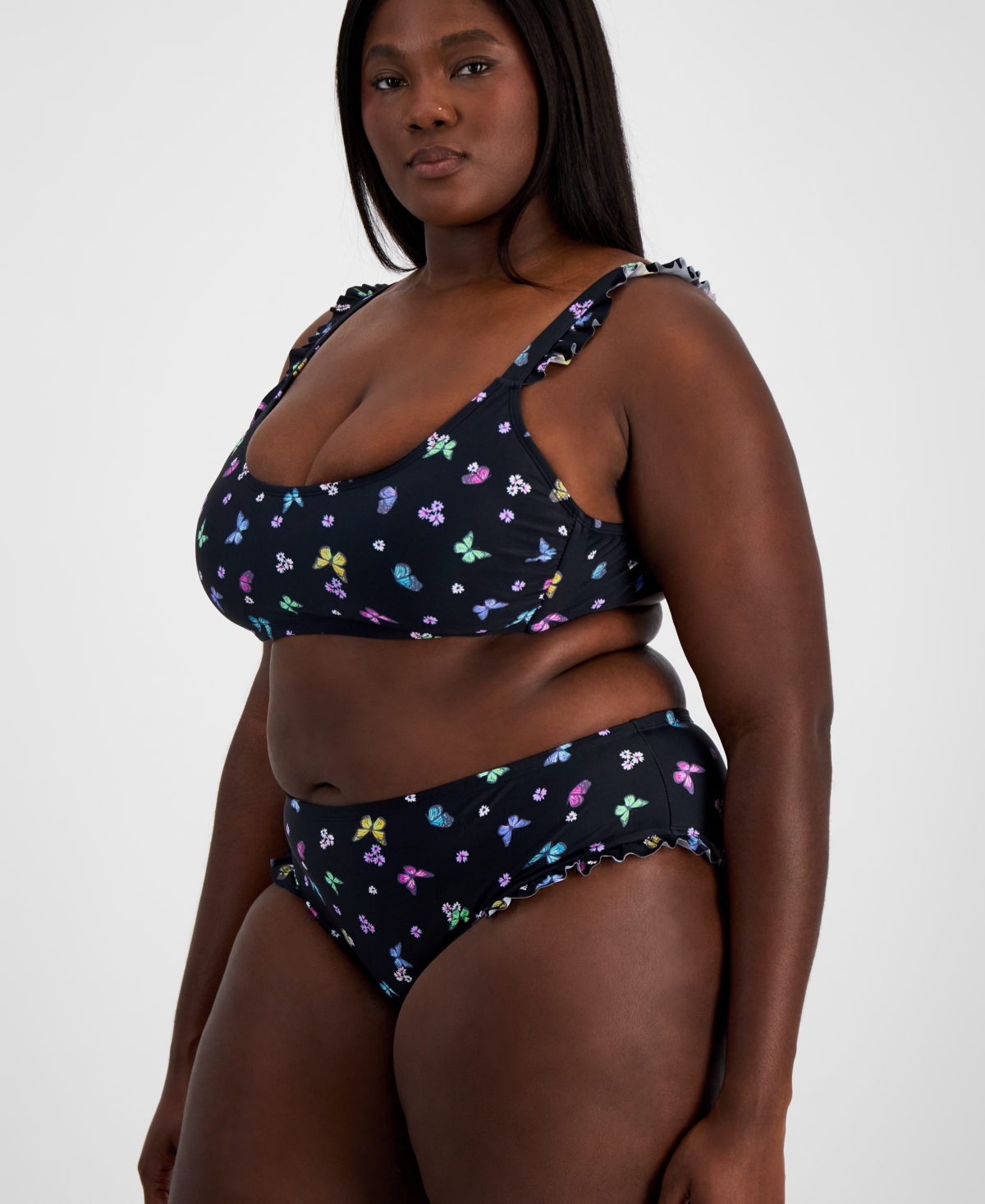 Salt + Cove Plus Size Ruffled Butterfly-Print Swim Bottoms, Created for Macy's