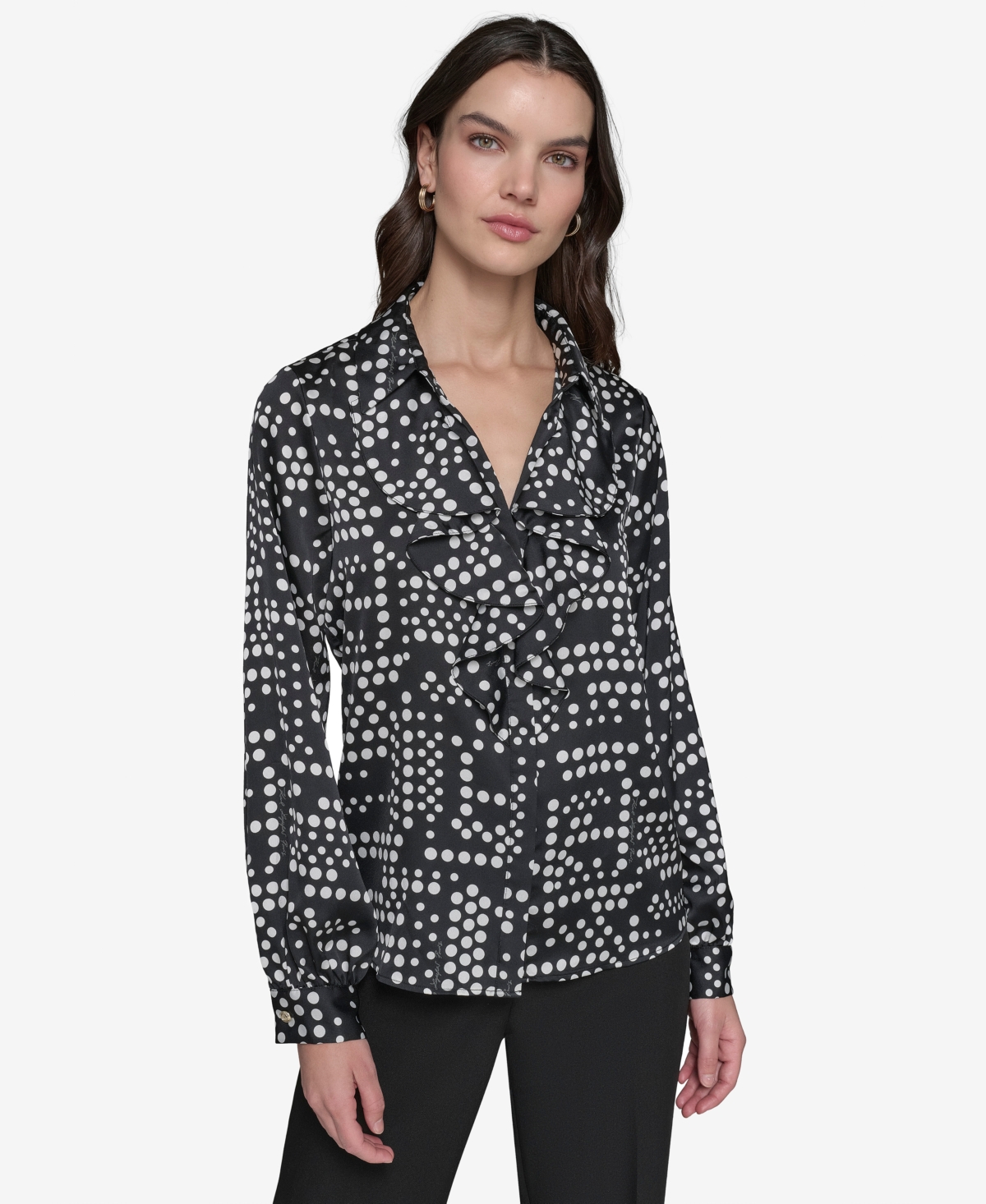 Shop Karl Lagerfeld Women's Ruffled Dot-print Blouse In Black,soft White Multi