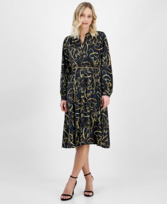 T Tahari - Women's Button-Front Long-Sleeve Chain-Belt Dress
