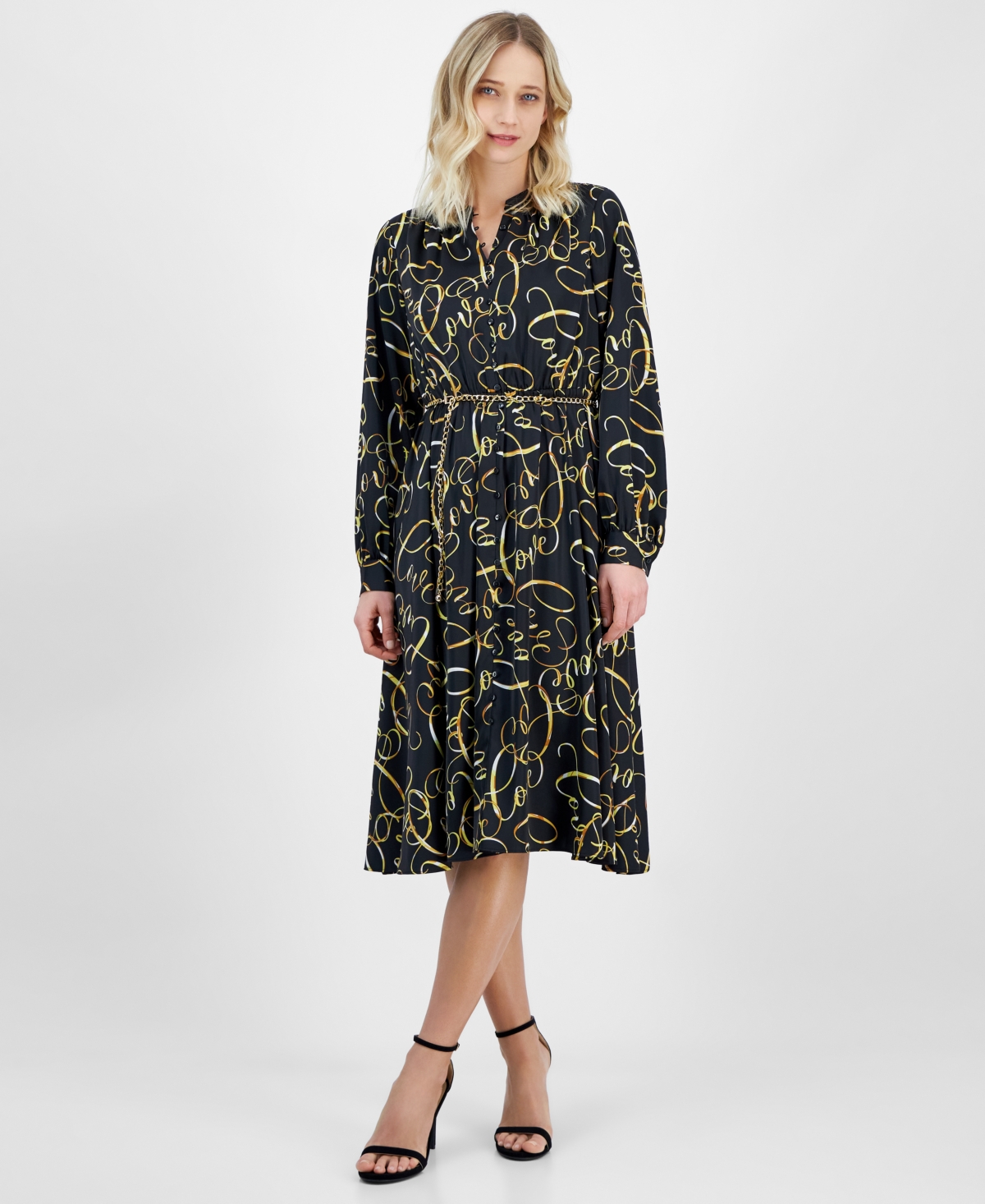 Women's Button-Front Long-Sleeve Chain-Belt Dress - Love Letter