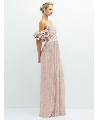 Womens Dramatic Ruffle Edge Convertible Strap Metallic Pleated Maxi Dress with Floral Gold Foil Print