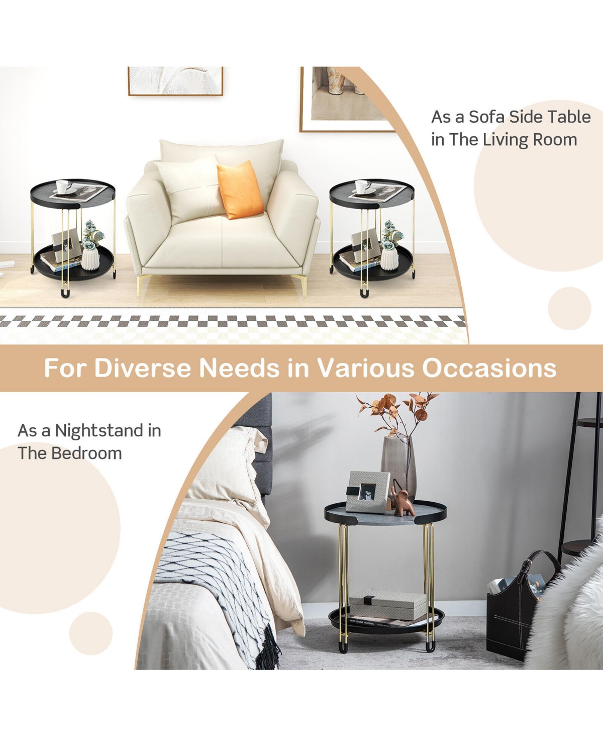 Gymax 2PCS 2-Tier Side End Table Round Nightstand Gold Frame for Living Room - Black + gold + grey