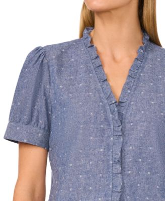 CeCe Women's Cotton V-Neck Short-Sleeve Ruffle-Trim Top - Macy's