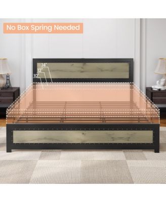 King Size Bed Frame with Headboard, Industrial Platform Bed Frame with Charging Station