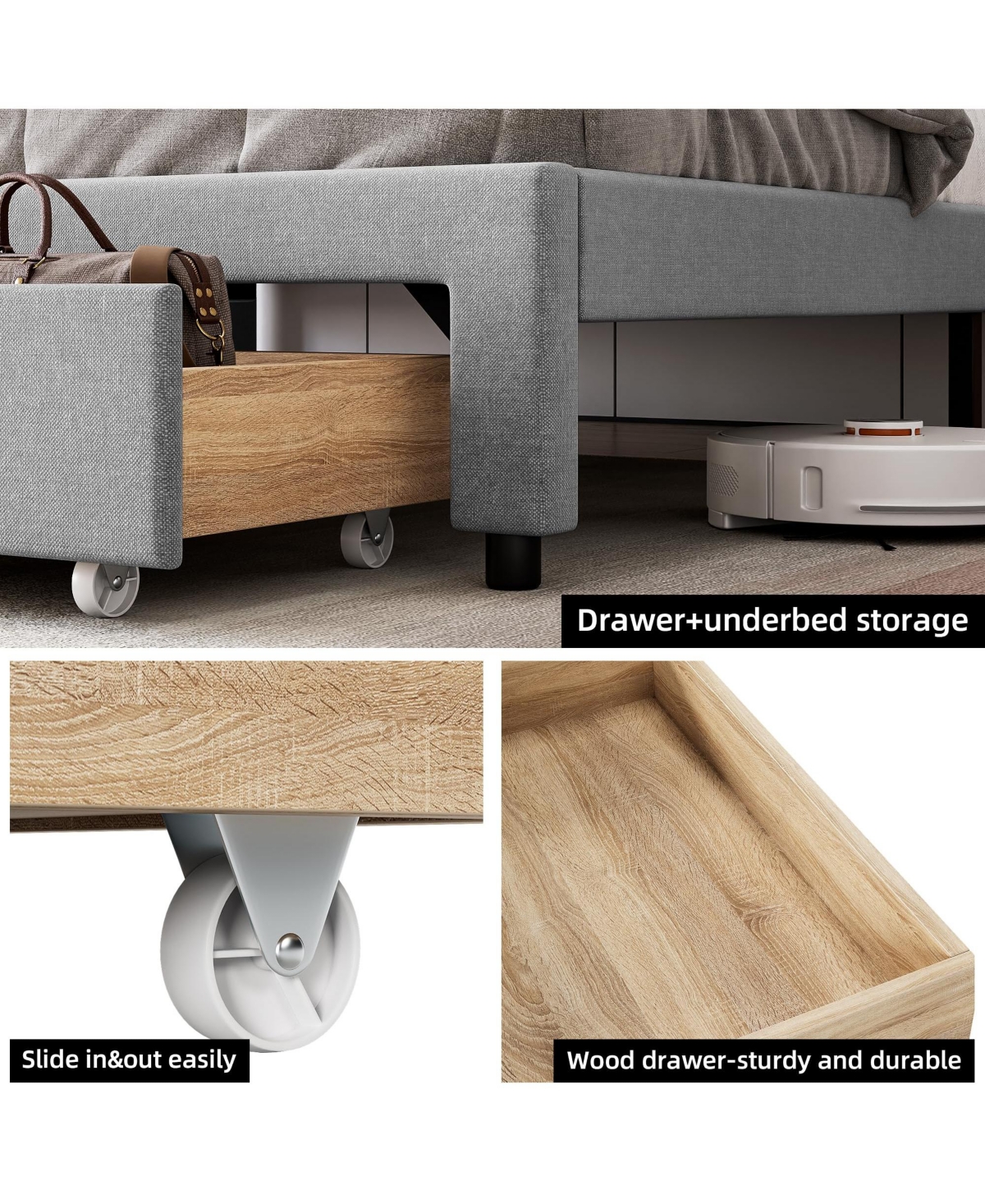 gaomon Full Size Bed Frame with 2 Storage Drawers, Upholstered Mattress Foundation with Storage Headboard and Charging Station -pastel Grey