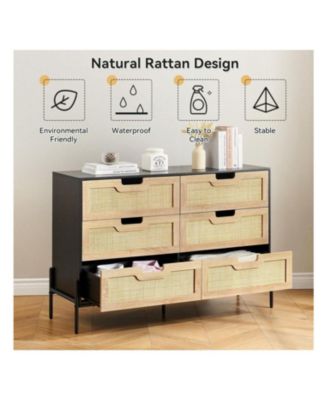1-Pc 6-Drawer Dresser Wood Rattan Front Metal Legs Spacious Storage Chest
