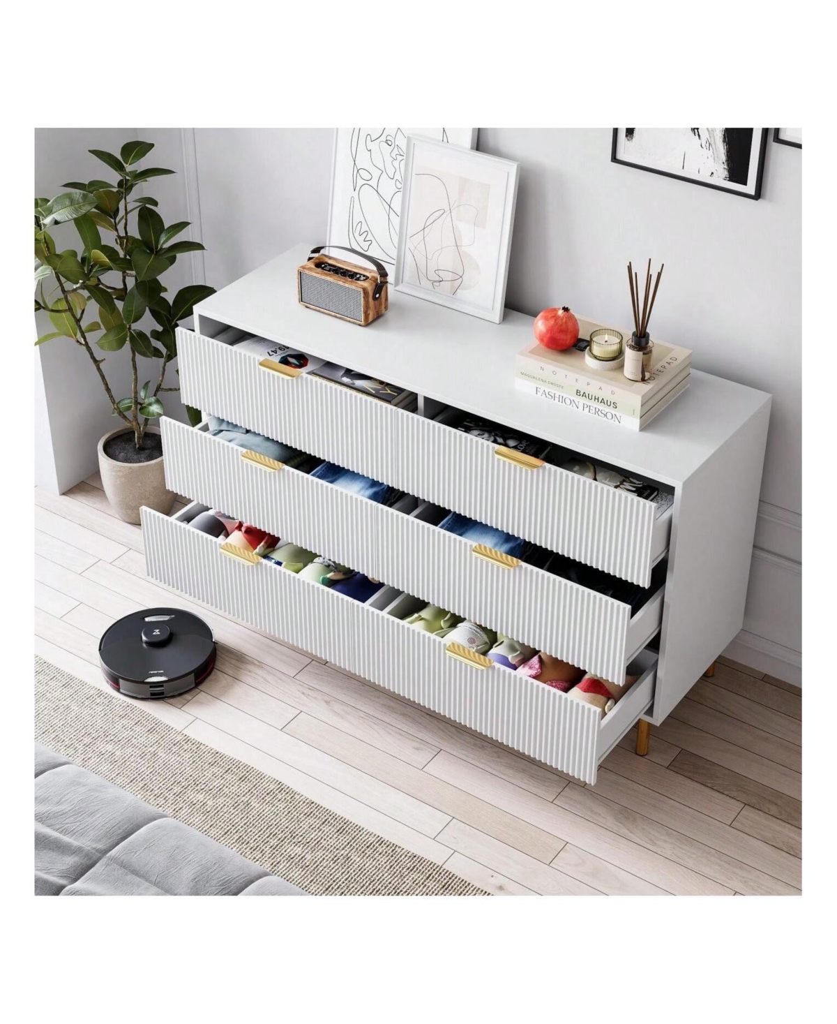 6 Drawer Dresser For Bedroom, 56" Wide Wood Dresser Organizer With Metal Legs, Modern Chest Of Drawers For Bedroom, Hallway