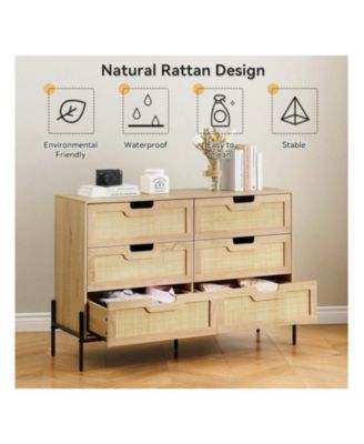 6 Drawers Wood Natural Rattan Drawer With Spacious Storage Dresser