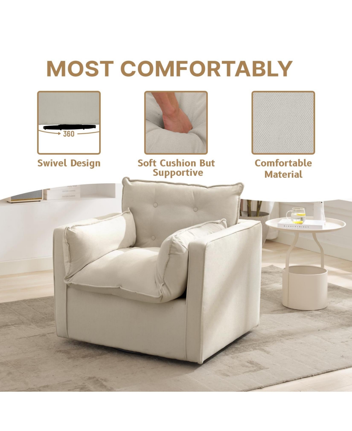 gaomon Swivel Accent Chair, Mid-Century Modern Armchair for Living Room, Comfy Single Sofa Chair with Solid Metal Base, No Assembly Required