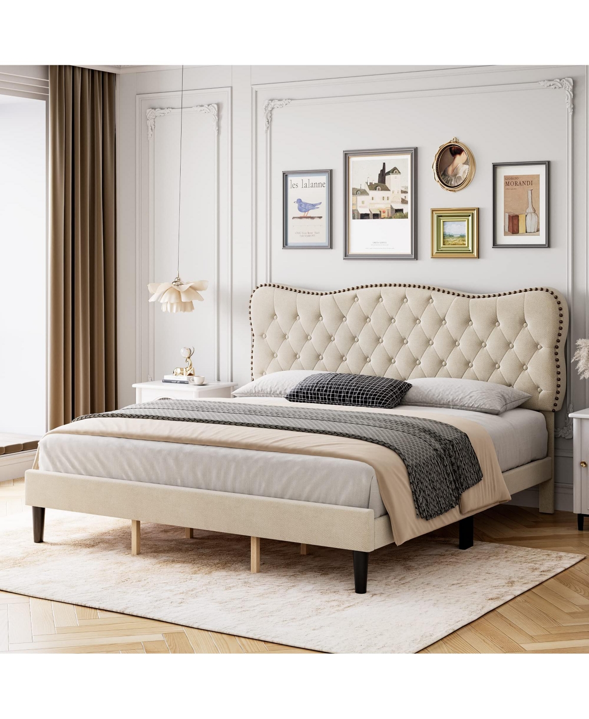 gaomon Linen Fabric Upholstered Bed Frame, Modern Platform Bed Mattress Foundation with Adjustable Headboard