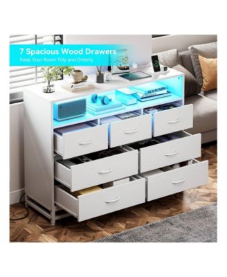 Dresser For Bedroom, Modern 7 Drawers Long Dresser With Charging Station And LED Lights Design