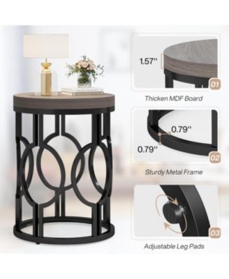 Round Industrial End & Side Table with Metal Hollow Frame, Small Bedside Table Nightstand