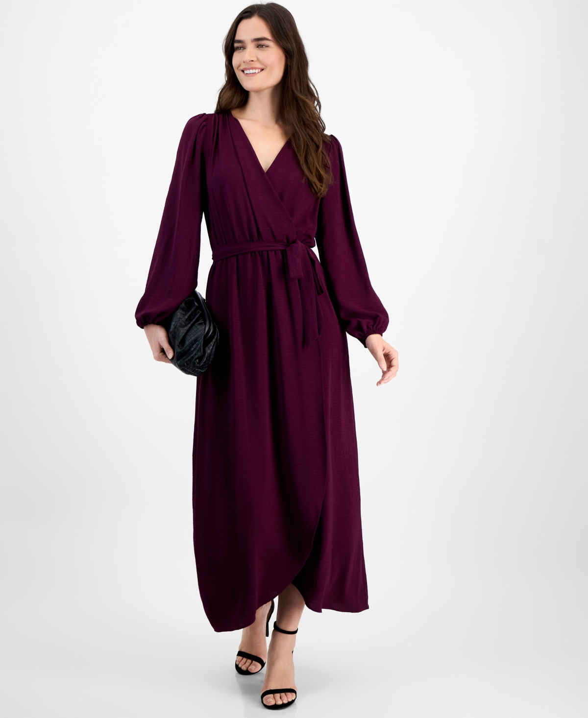 Connected Women's Surplice-Neck Faux-Wrap Long-Sleeve Dress