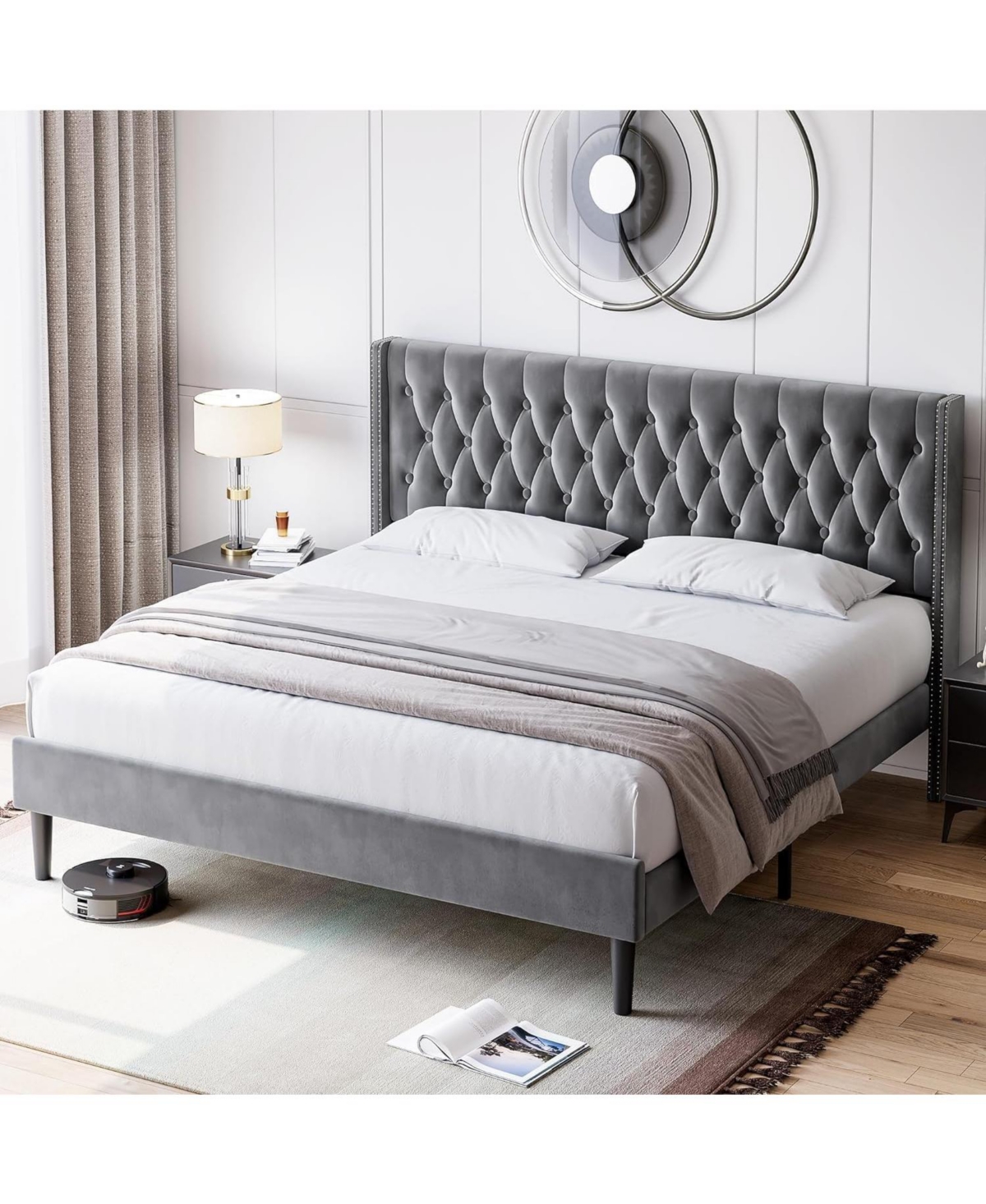 gaomon Bed Frame with Velvet Headboard Wingback Platform Bed Frame and Deep Button Tufted Headboard