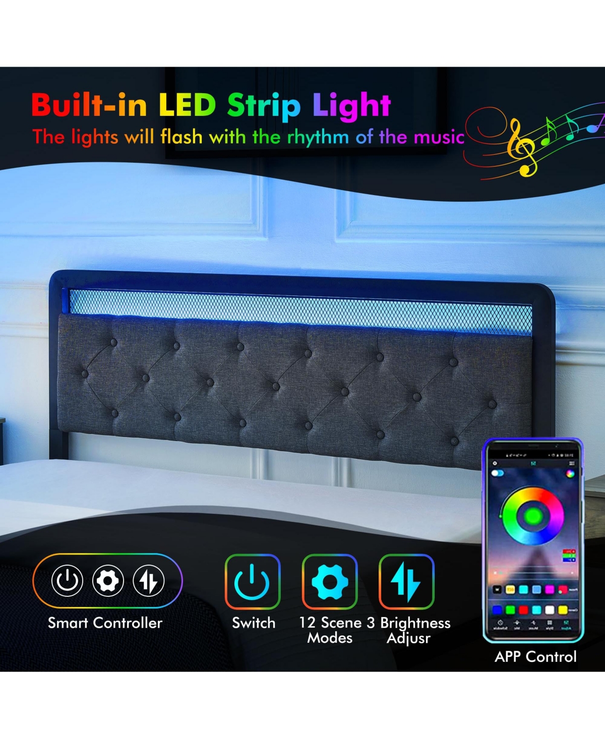 gaomon Full Size Bed Frame with Led Lights Headboard, Upholstered Bed with Headboard and 2 Storage Drawers