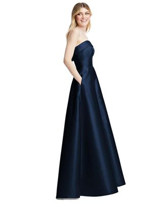 Strapless Bias Cuff Bodice Satin Gown with Pockets