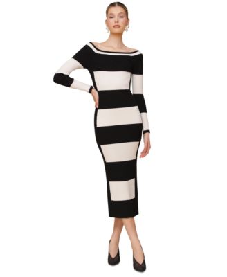 Avec Les Filles - Women's Striped Rib-Knit Long-Sleeve Sweater Dress