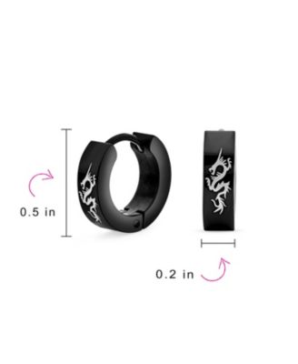 Mens Dragon Hoop Huggie Earrings Laser Gold Tone Stainless Steel