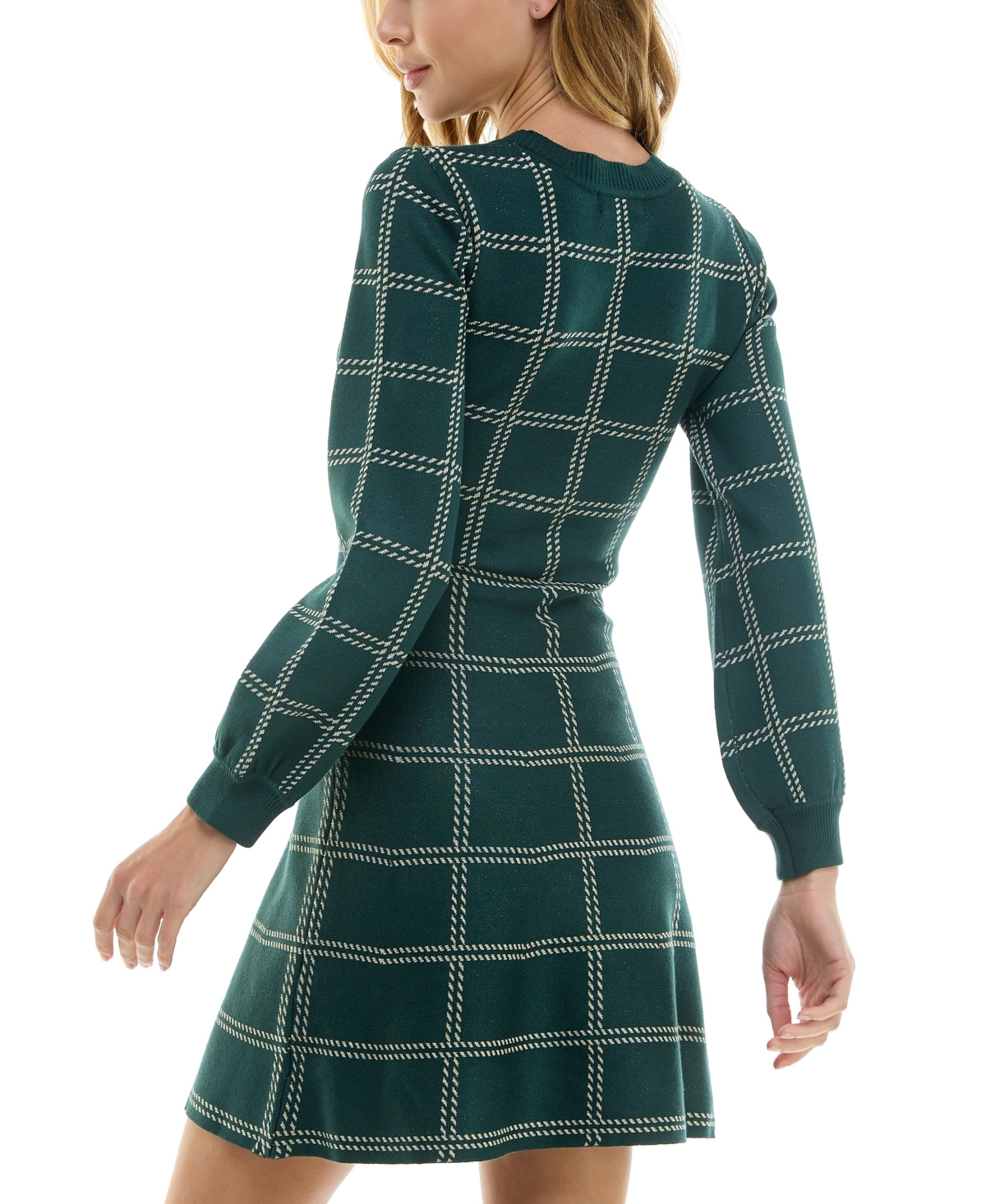 Crystal Doll Juniors' Windowpane Print Crewneck Long-Sleeve Sweater Dress -gld
