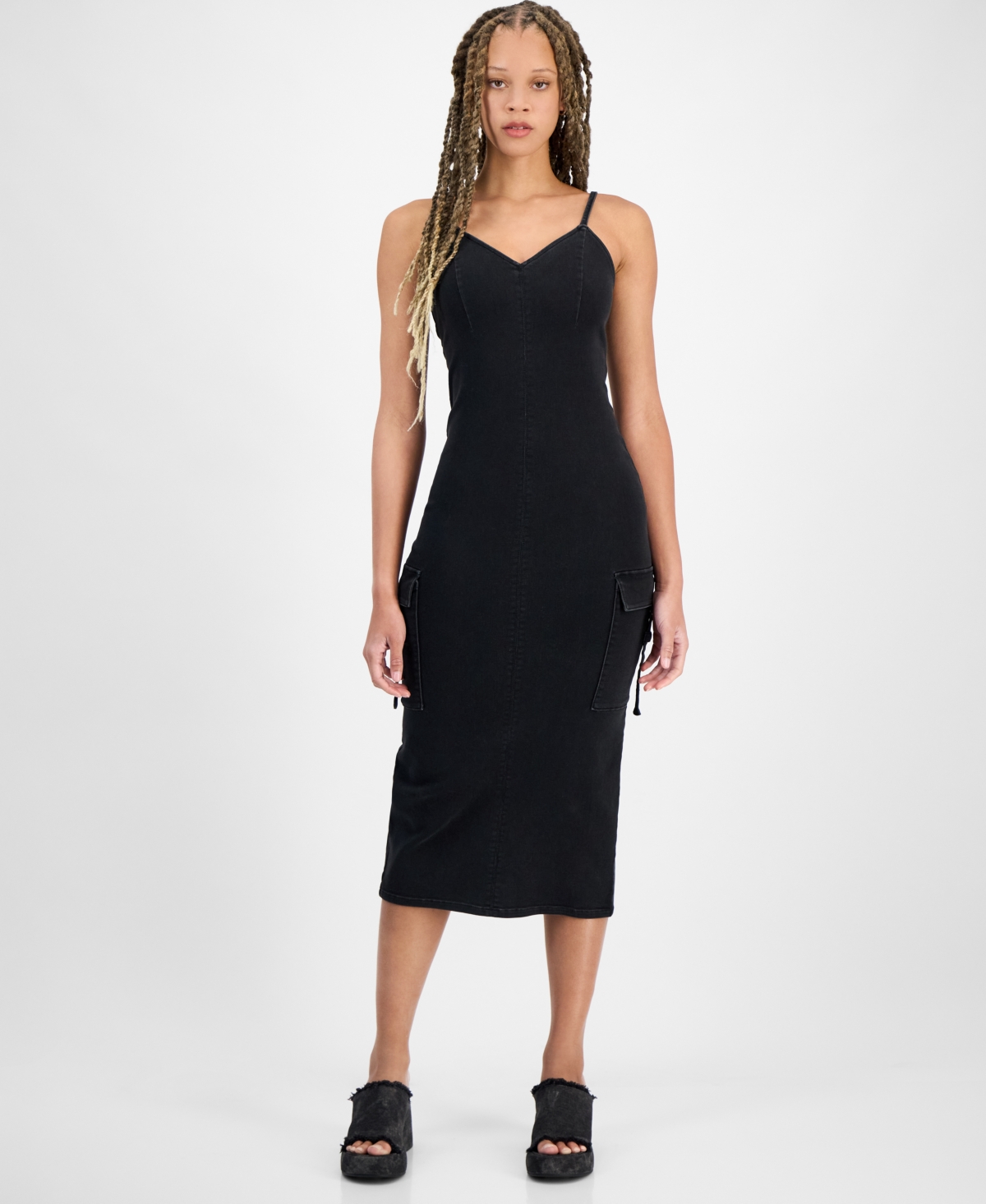 Juniors' Sleeveless Cargo Bodycon Dress - Washed Black