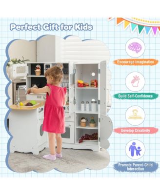 Kid's Corner Kitchen Playset Wooden Pretend Kitchen Play Toy Set w/ Sound Effect