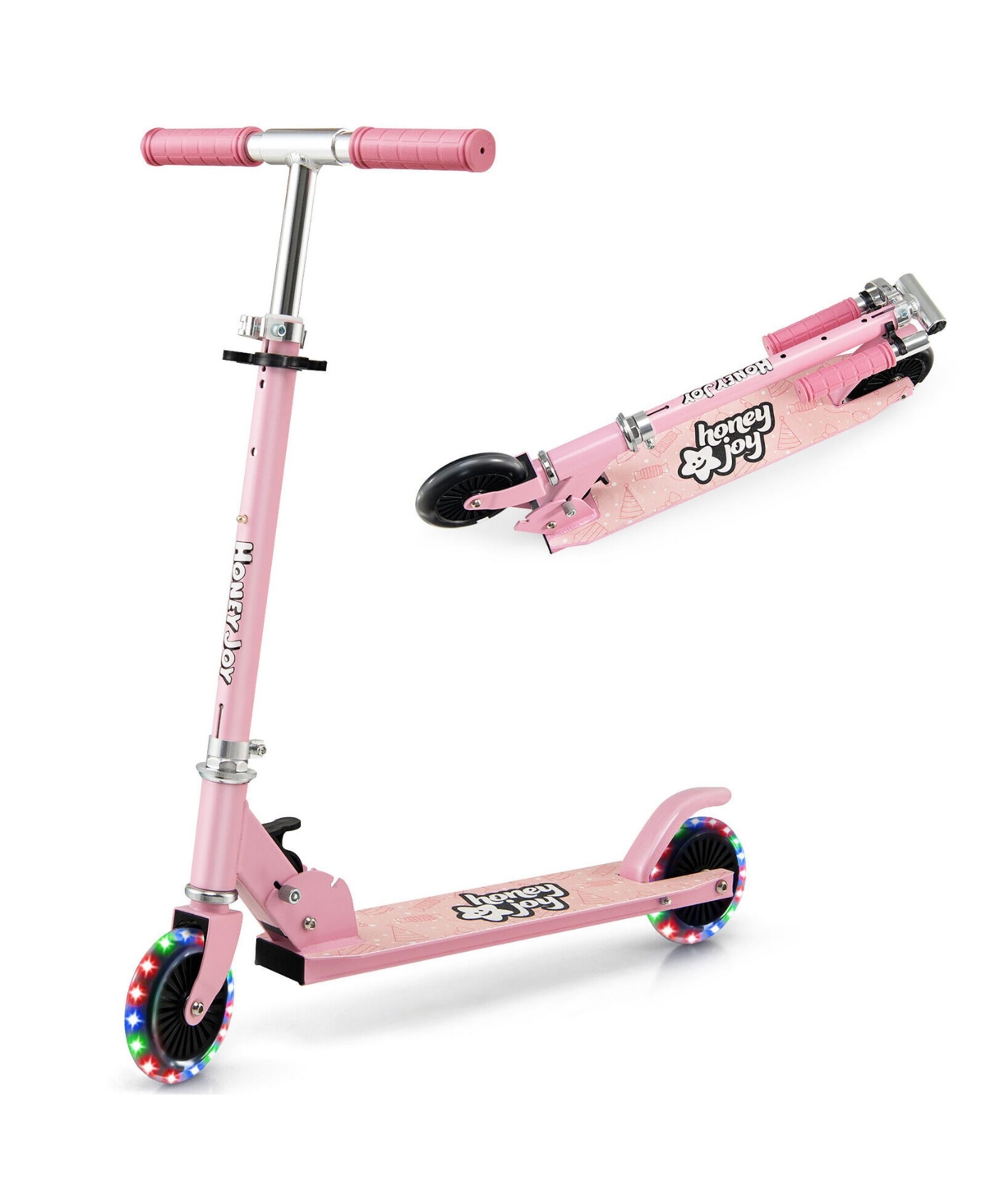 Gymax Folding Adjustable Height Kids Toy Kick Scooter Rear Brake 2 Flashing Wheels- Pink