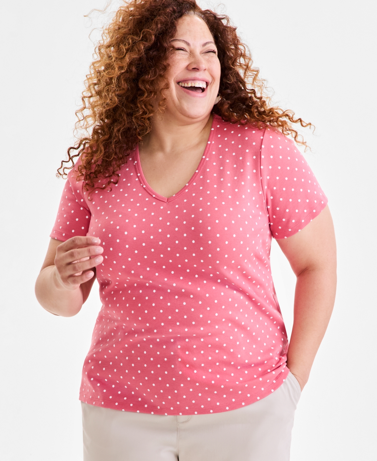 Plus Size Printed V-Neck Tee, Exclusively at Macy's - Dot Red