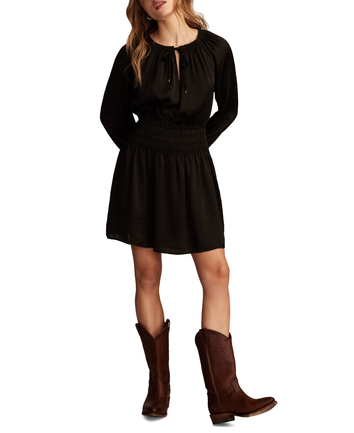 Shop Lucky Brand Women's Satin Smocked-trim Mini Dress In Black