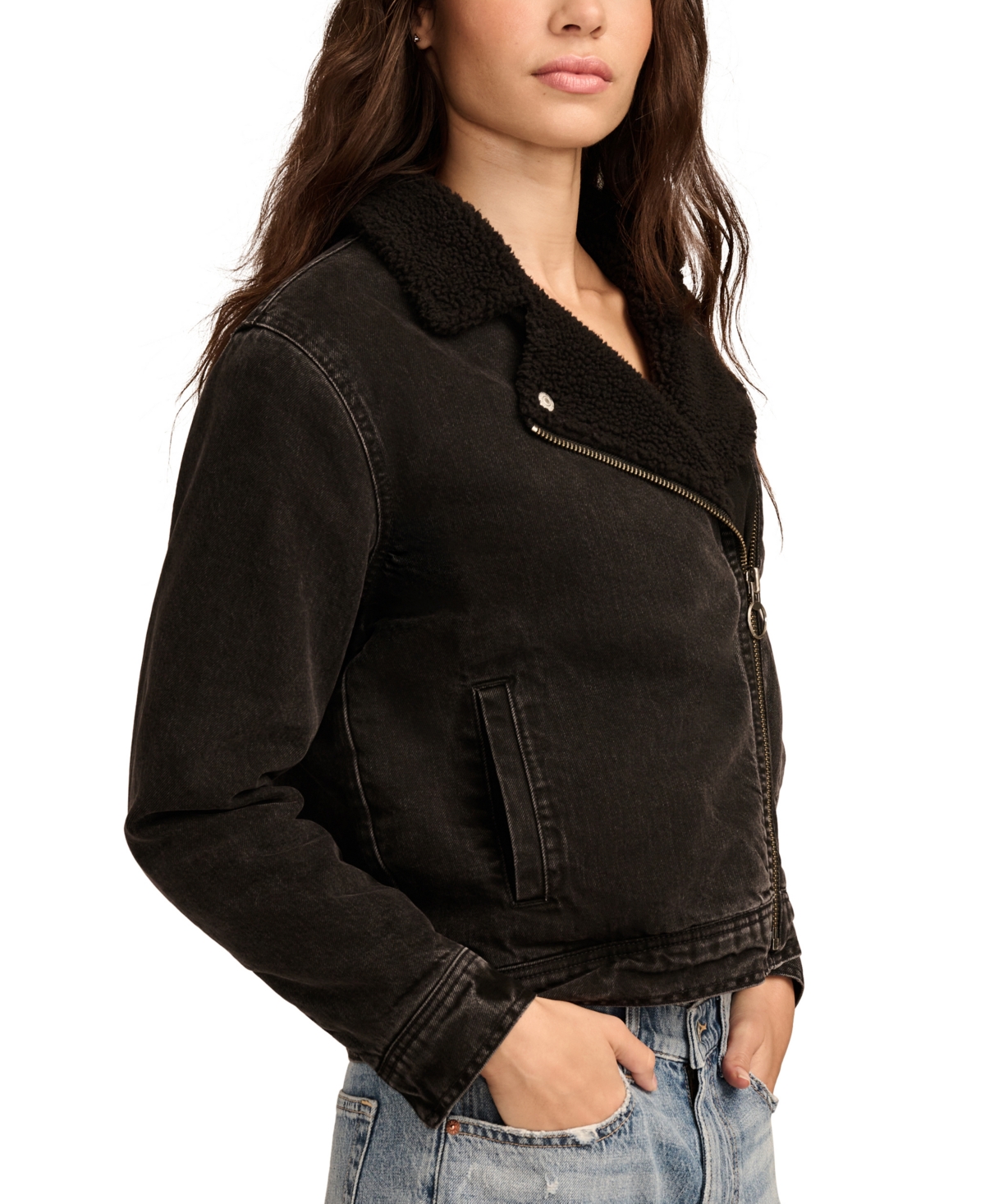 Shop Lucky Brand Women's Faux Shearling Denim Moto Jacket In Scratched Record Wash