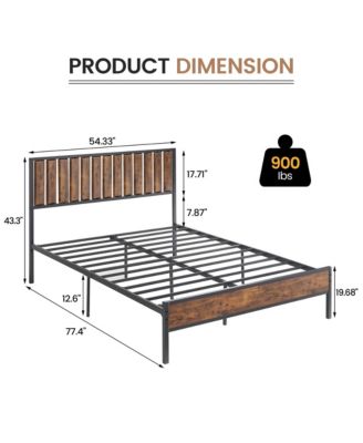Full Size Bed Frame with Wood Headboard, Platform Metal Bed Frame Full with 14 Heavy Duty Steel Slats